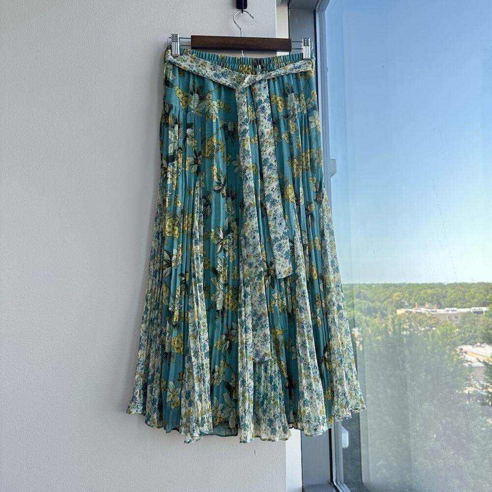 Lorenza Blau Blue Floral Pleated Midi Skirt Elastic Waist Tie Belt Size 28